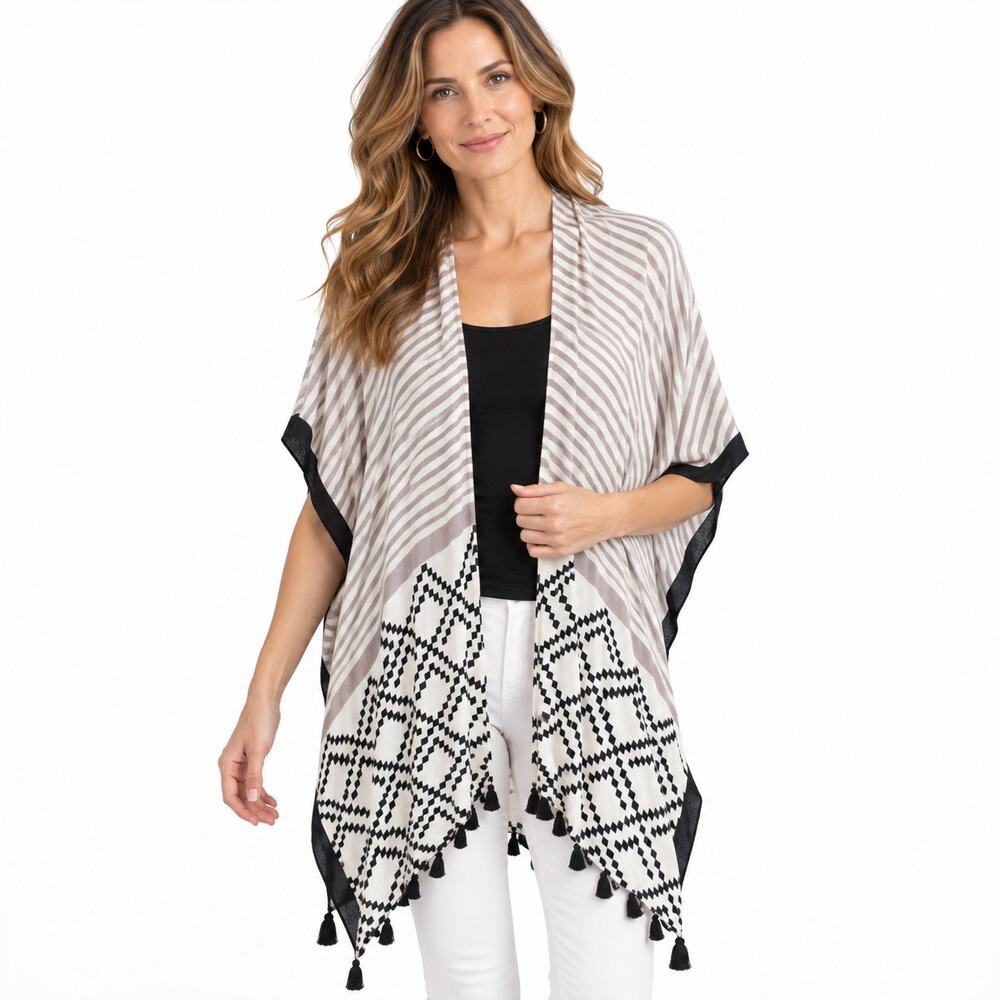 Lovestitch One Size Kimono Cardigan Striped Geometric Tassel Boho Black White